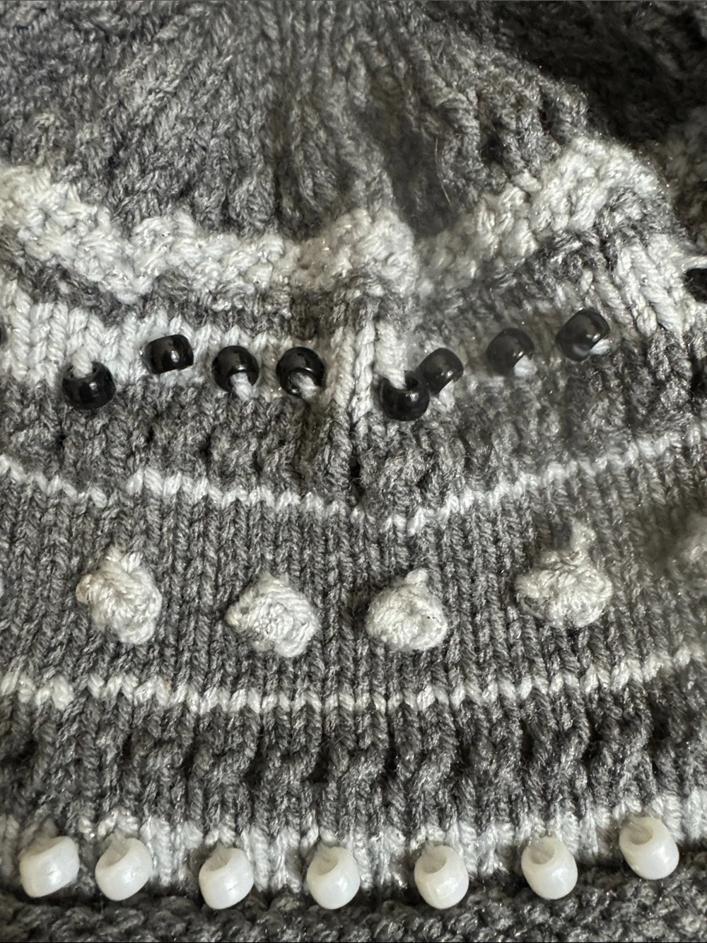 Handmade Gray Knit Kids Beanie with Bead & Pom Detail Shades of Grey OSFM